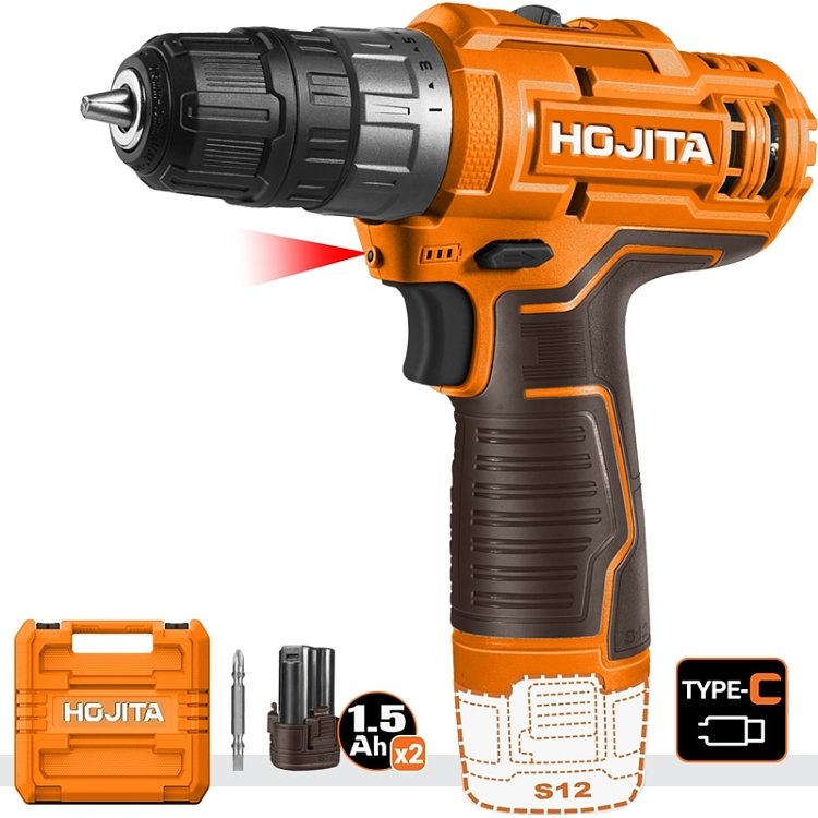 Δραπανοκατσάβιδο HOJITA 20Nm 12V – συσκευασία σε κοντινό πλάνο με όλα τα εξαρτήματα