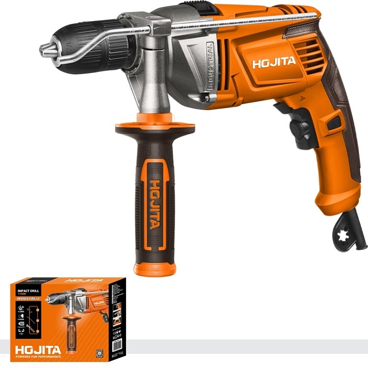 Κρουστικό Δράπανο HOJITA 1100W – κοντινό πλάνο συσκευασίας και εξαρτημάτων