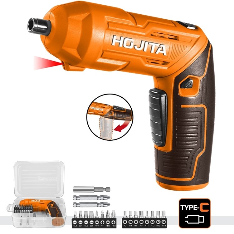 Κατσαβίδι HOJITA 4Nm Μπαταρίας 4V – συσκευασία και εξαρτήματα σε κοντινό πλάνο