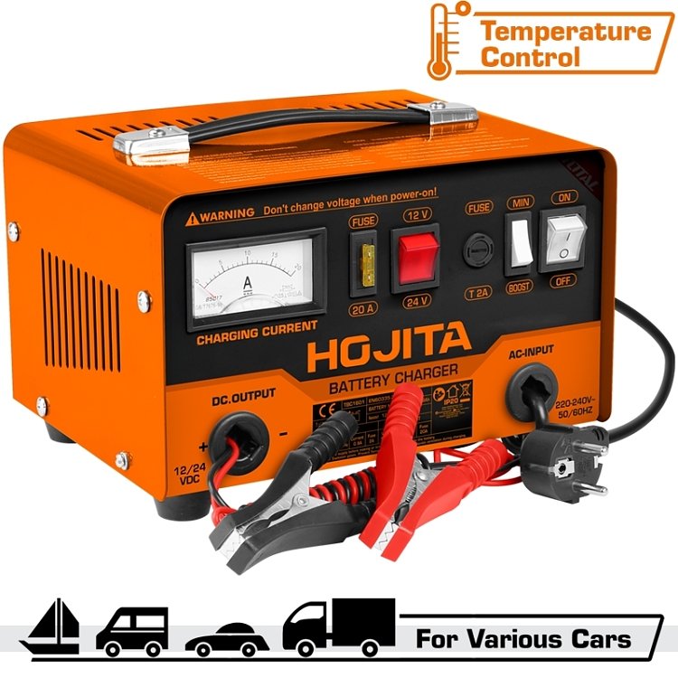 Φορτιστής μπαταρίας αυτοκινήτου HOJITA 12/24V – κοντινό πλάνο συσκευής