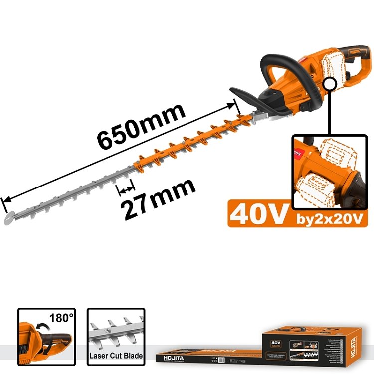 HOJITA Ψαλίδι Μπορντούρας Brushless 40V SOLO 650mm – συσκευασία και εργαλείο σε κοντινό πλάνο