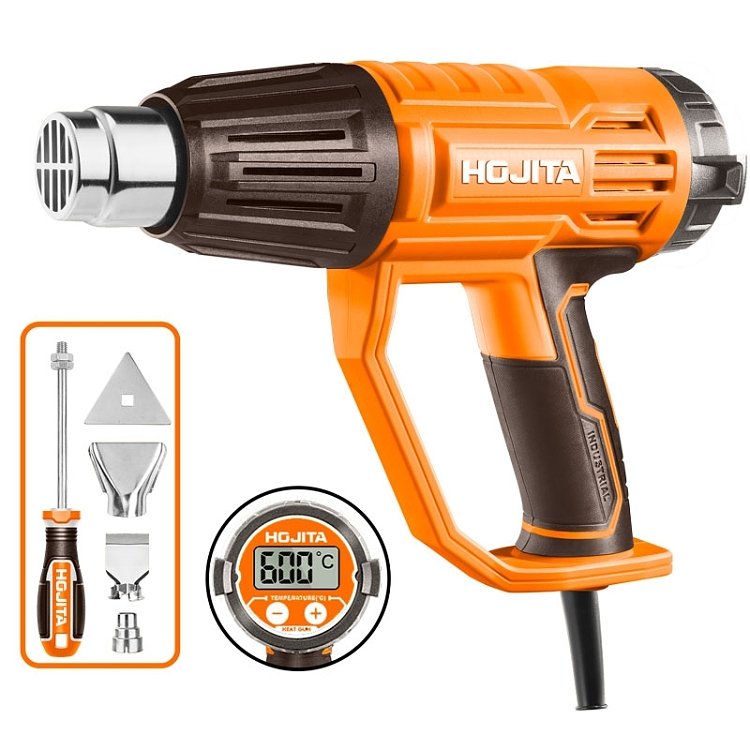 Πιστόλι θερμού αέρα HOJITA 2000W – συσκευασία και ακροφύσια σε κοντινό πλάνο