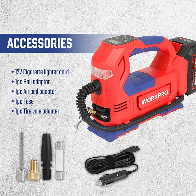 Επαναφορτιζόμενη αντλία αέρα WORKPRO 20V-Li με ψηφιακή οθόνη
