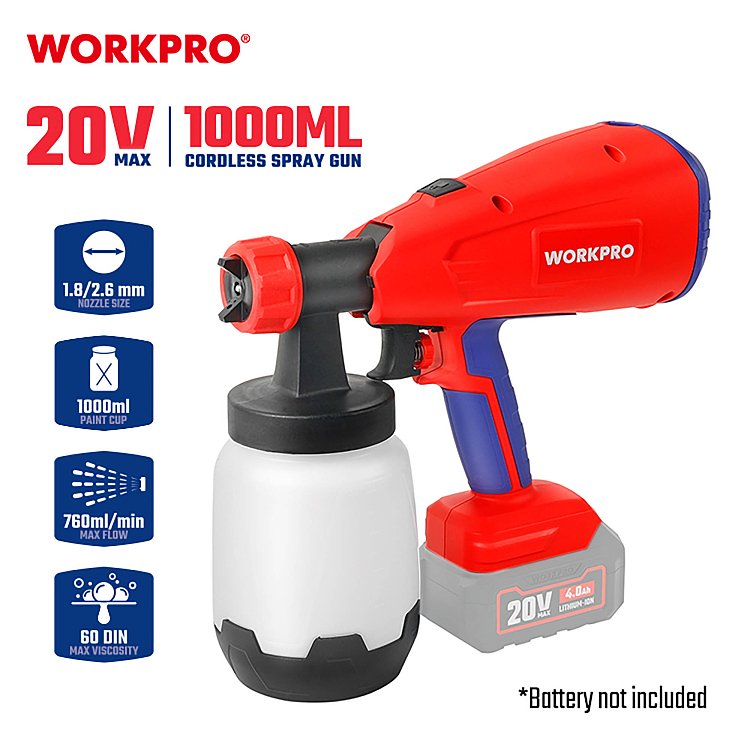 Επαναφορτιζόμενο πιστόλι βαφής WORKPRO WP397005 20V-Li SOLO με δοχείο 1000ml