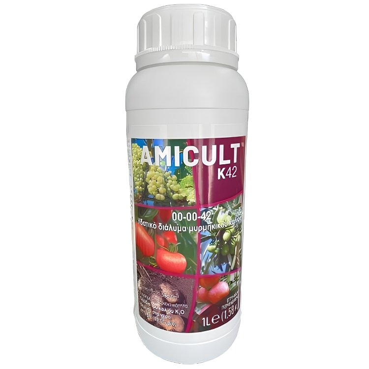 Λίπασμα καλίου BioGenus Amicult K42 0-0-42, φιάλη 1lt σε λευκό φόντο