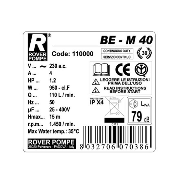 Rover Pompe BE-M 40 Τεχνικά Χαρακτηριστικά και Ταμπέλα Λειτουργίας