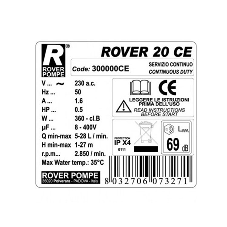 Τεχνική ετικέτα Rover Pompe 20 CE με χαρακτηριστικά παροχής και ισχύος