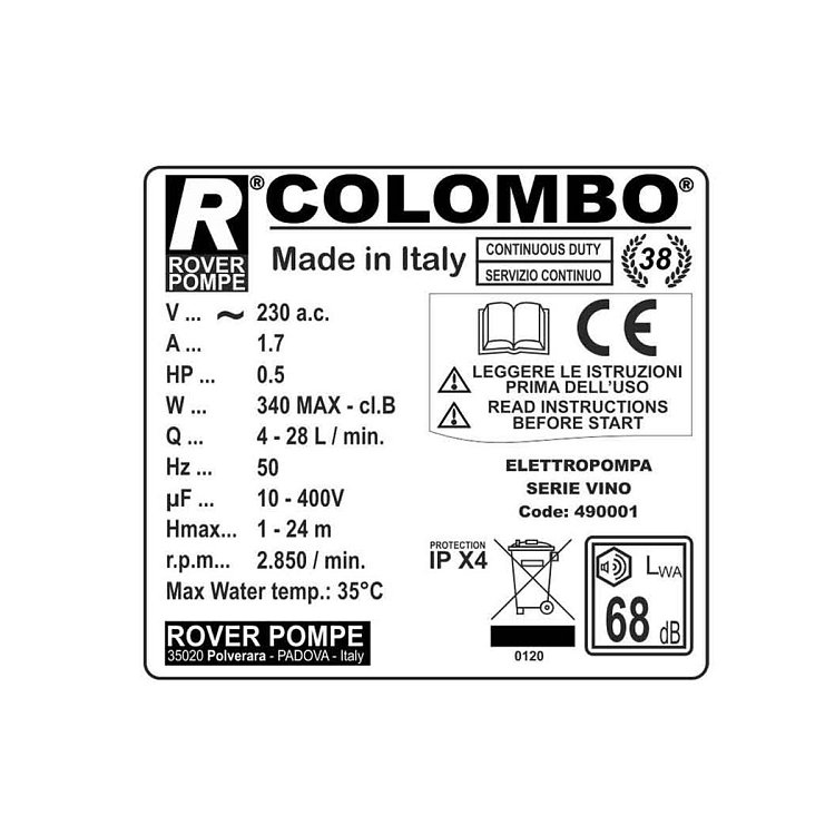 Σύστημα φιλτραρίσματος κρασιού Colombo 18 με αντλία 0.5 HP