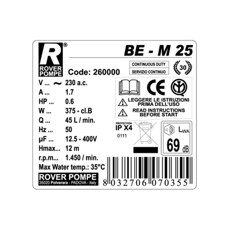 Αντλία χαμηλών στροφών Rover Pompe BE-M 25 για κρασί