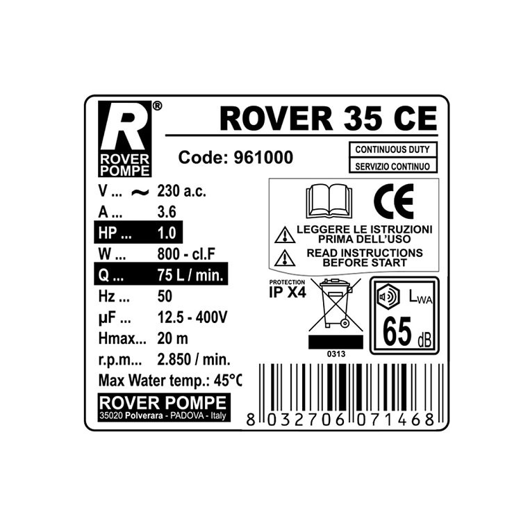Επαγγελματική αντλία Rover Pompe 35 CE για κρασί και λάδι