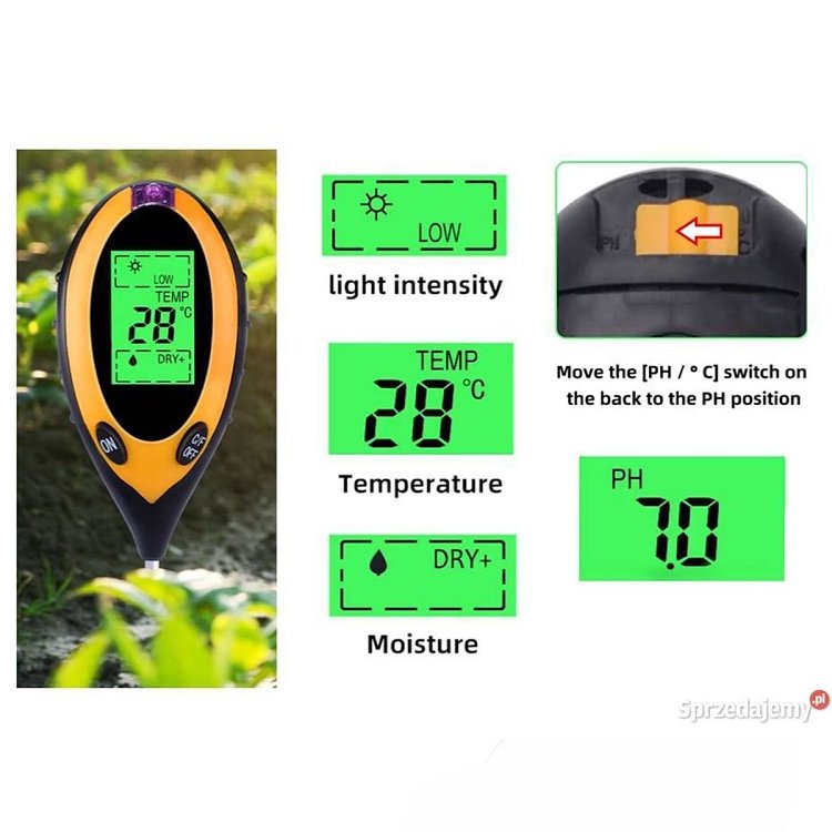 Όργανο μέτρησης οξύτητας εδάφους και ηλιοφάνειας με ψηφιακή οθόνη.