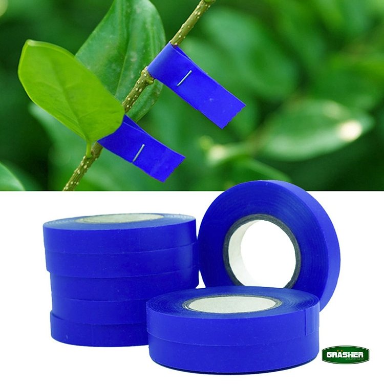Κοντινή λήψη μπλε ελαστικής ταινίας GRASHER για χρήση στον κήπο.