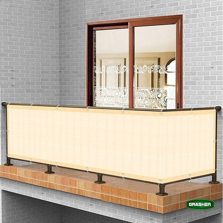 Διαχωριστικό Δίχτυ Μπαλκονιού 160gr/m² Εκρού 0,90x6m GRASHER Με Κρίκους – λεπτομέρεια λογότυπου GRASHER