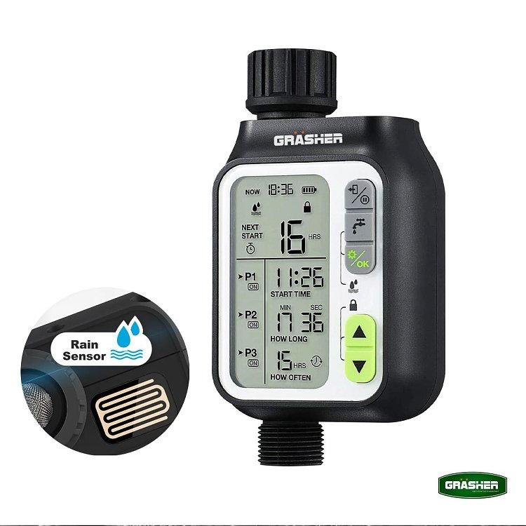 Προγραμματιστής ποτίσματος GRASHER WT4021 ψηφιακός με LCD οθόνη και αισθητήρα βροχής