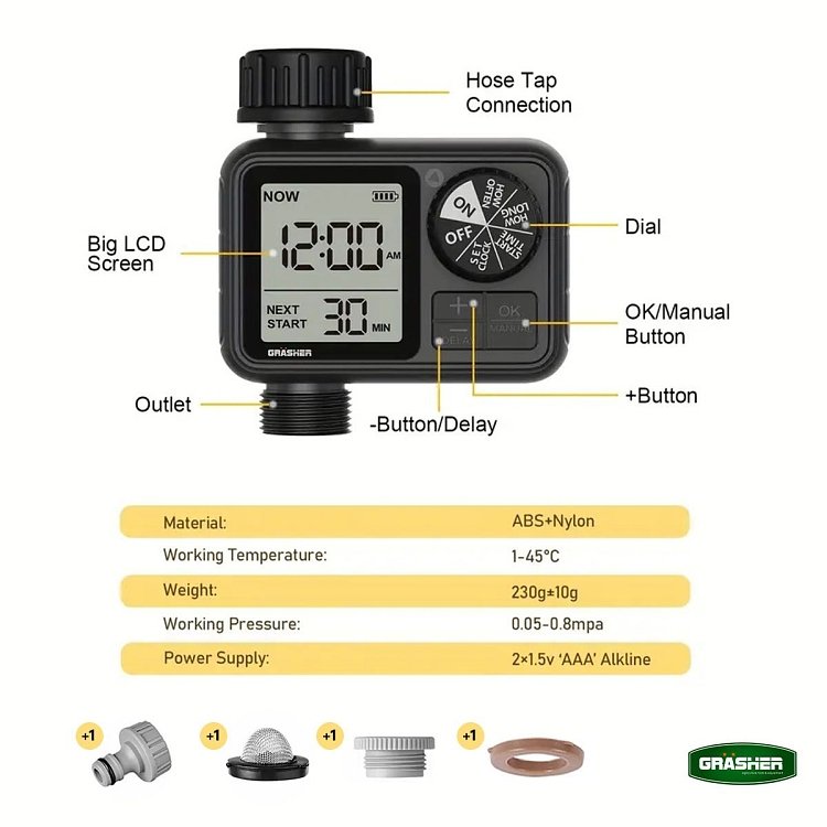Προγραμματιστής ποτίσματος GRASHER WT2044 ψηφιακός με LCD οθόνη