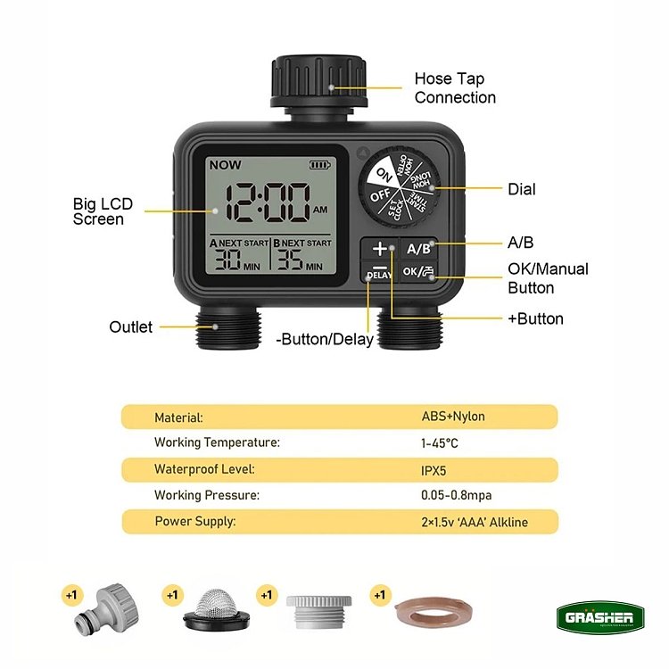 Grasher WT2248 – ψηφιακός προγραμματιστής ποτίσματος δύο εξόδων Grasher Grasher WT2248 – οθόνη και κουμπιά ρύθμισης σε κοντινό πλάνο