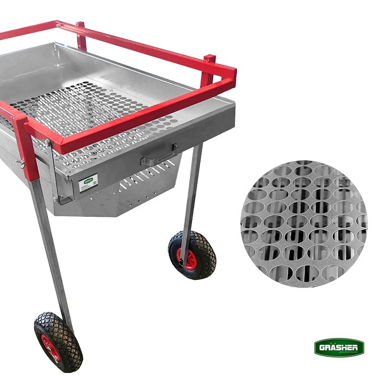 Grasher DP4090 με τροχούς και ένθετη κοντινή όψη των οπών της σκάφης