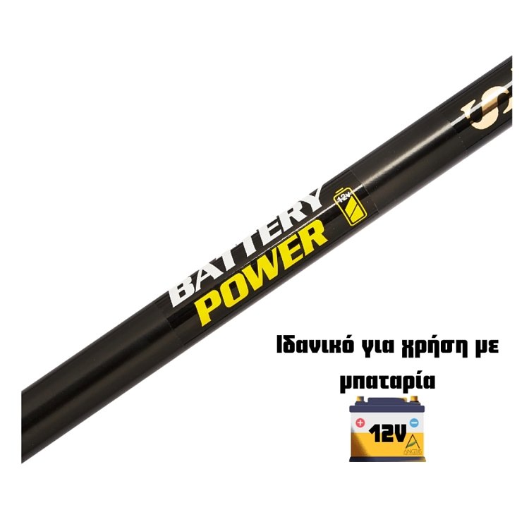 Λεπτομέρεια σωλήνα με αυτοκόλλητο Battery Power 12V και εικονίδιο μπαταρίας αυτοκινήτου 12V