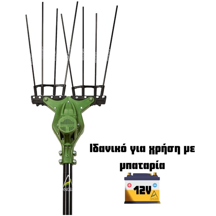 Κεφαλή Amolivo διπλής χτένας δίπλα σε εικονίδιο μπαταρίας 12V που δηλώνει τροφοδοσία από μπαταρία