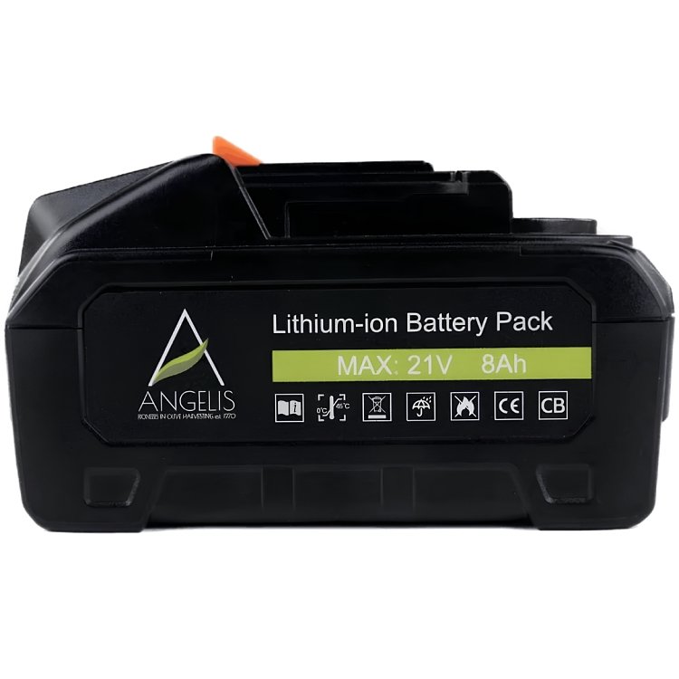 Ετικέτα μπαταρίας ANGELIS Lithium-ion Battery Pack MAX 21V 8Ah με σήμανση CE και CB, πλαϊνή όψη