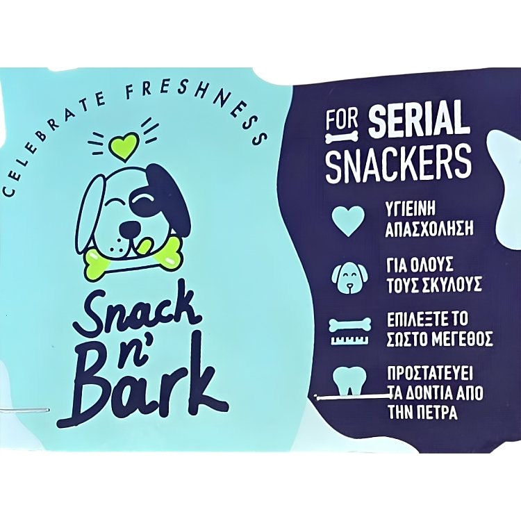 Καρτέλα συσκευασίας Snack n' Bark Celebrate Freshness με τις ενδείξεις χρήσης για όλους τους σκύλους