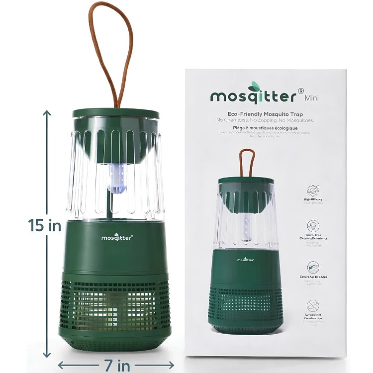 Σχέδιο με αριθμημένα μέρη του Mosqitter Mini, δίχτυ, βάση, βουρτσάκι, καραμπίνερ, σακούλα και χωριστά το ελκυστικό Mosqilure