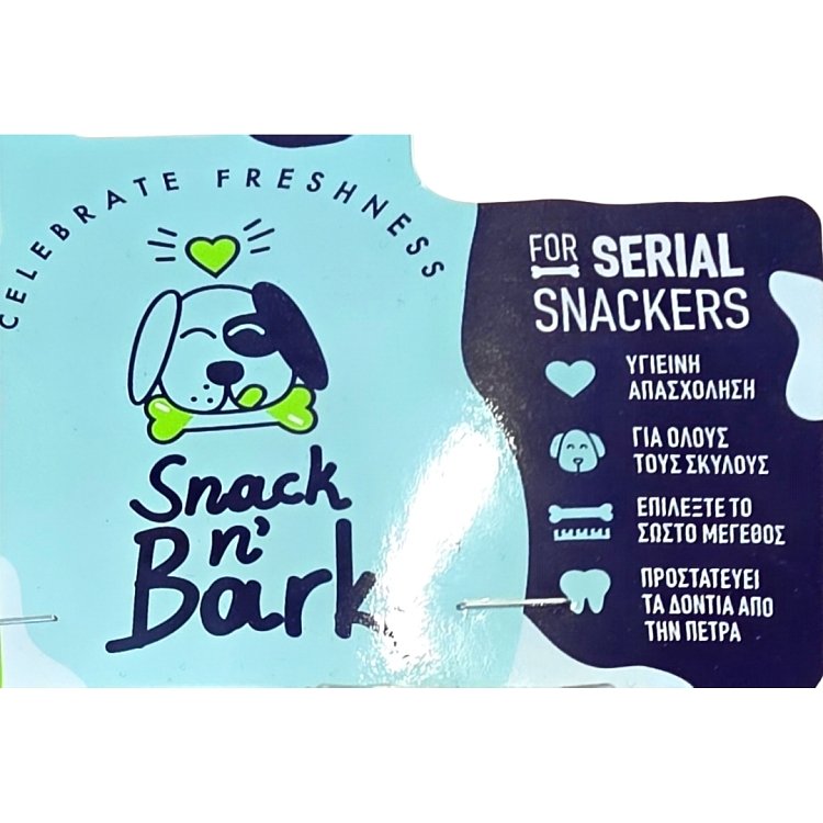 Καρτέλα συσκευασίας Snack n' Bark Celebrate Freshness με τις ενδείξεις χρήσης για όλους τους σκύλους