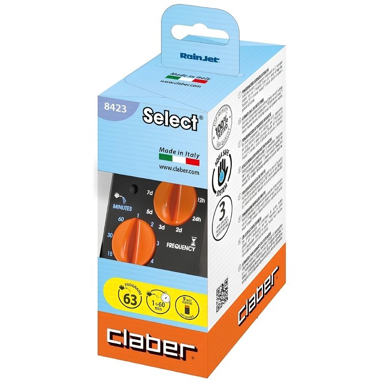 Claber Aquauno Select 8423 – συσκευασία με τους διακόπτες διάρκειας 1 έως 60 λεπτών και συχνότητας 8 h έως 7 d