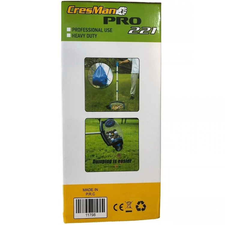 Συλλέκτης καρπών Cresman PRO 221 – μπροστινή όψη κουτιού με δοχείο 5,5 l, σάκο 15 l, 25-60 kg/h, κοντάρι 43-115 cm