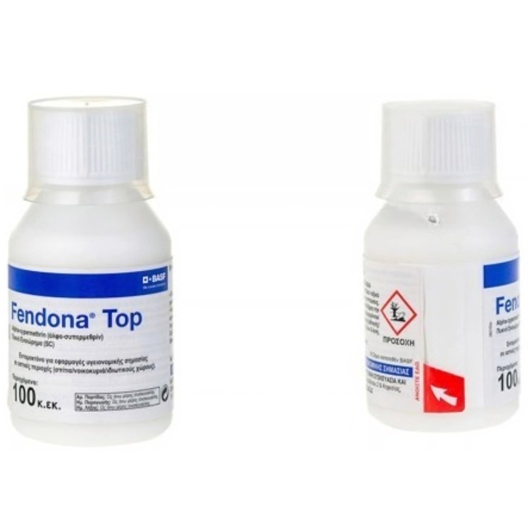 Εντομοκτόνο BASF Fendona Top 100ml – πίσω ετικέτα με εικονόγραμμα κινδύνου για το περιβάλλον και τη λέξη Προσοχή