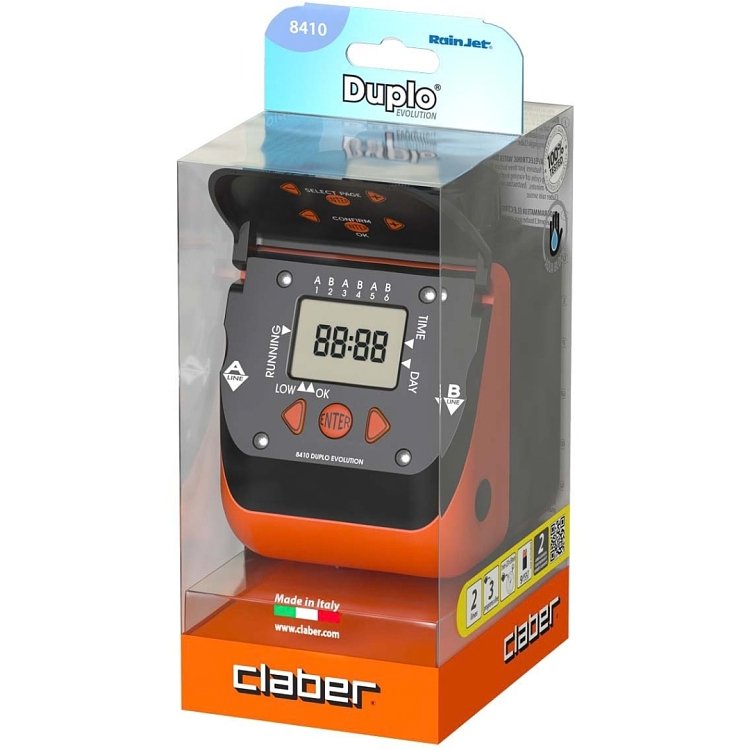 Claber Aquadue Duplo Evolution 8410 σε χρήση – βιδωμένος σε βρύση με δύο λάστιχα στις εξόδους A και B