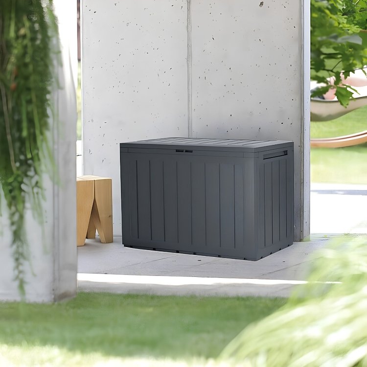 Prosperplast Boardebox MBBL190 190 L ανθρακί, μπροστινή όψη με την υποδοχή λουκέτου στο καπάκι