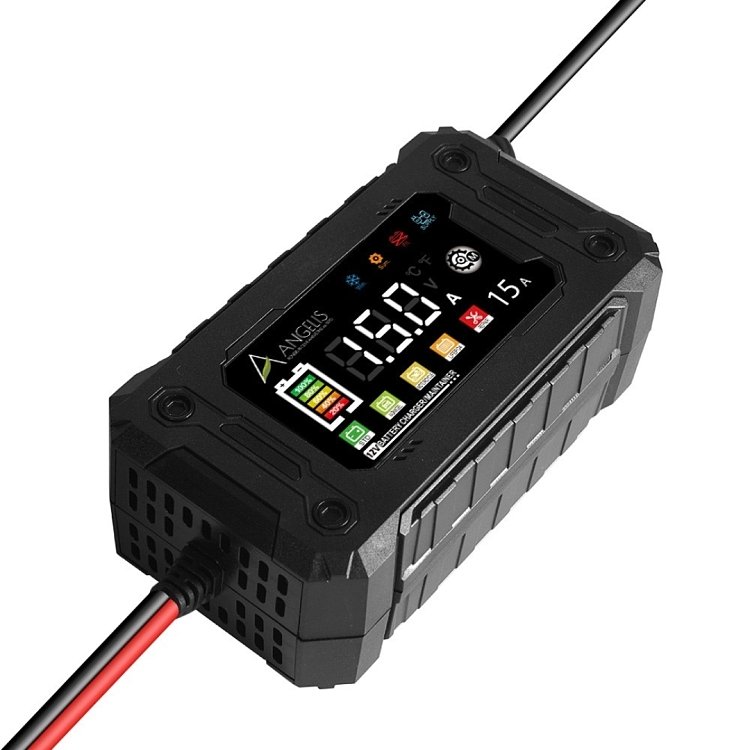 Οθόνη LCD του φορτιστή Angelis 12V 15A με ενδείξεις στάθμης και λειτουργίες STD, AGM/GEL, LIFEPO4, REPAIR