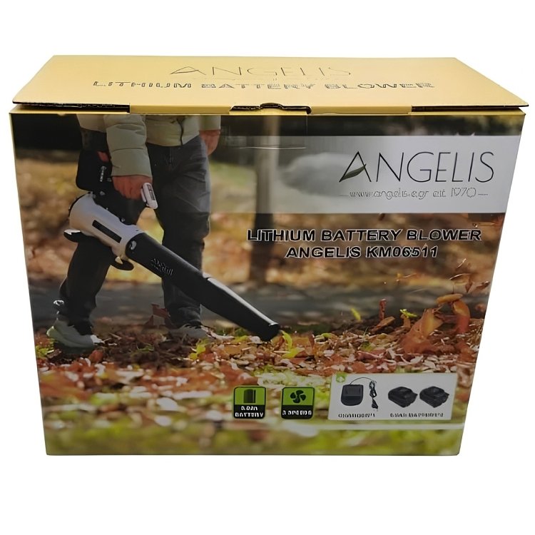 Συσκευασία φυσητήρα ANGELIS KM06511 με φωτογραφία χρήσης σε φύλλα και ενδείξεις για φορτιστή και δύο μπαταρίες