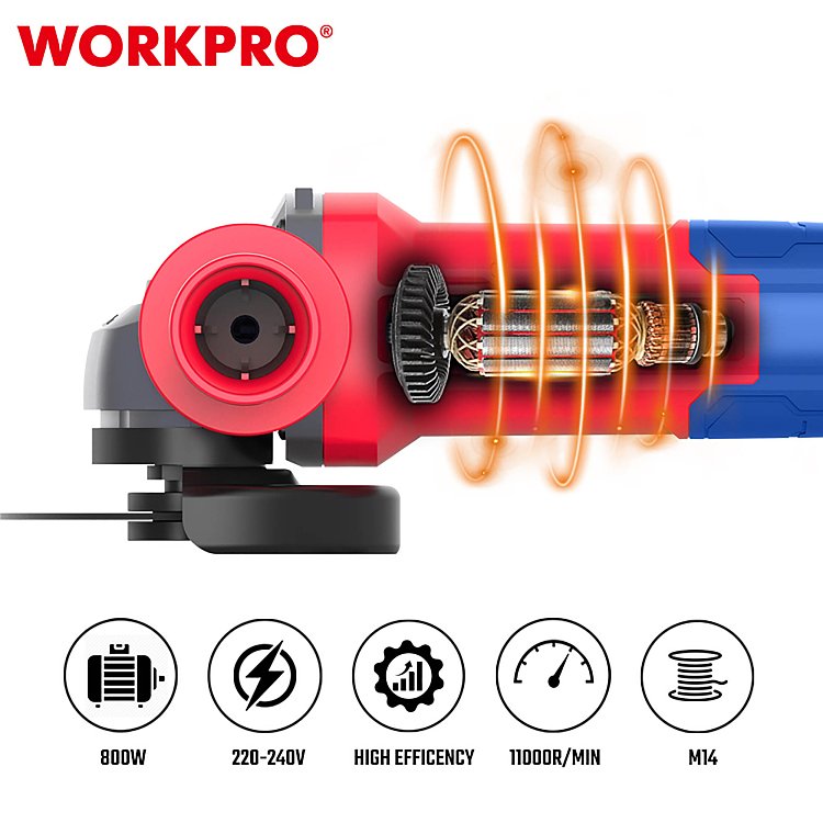 Γωνιακός Τροχός WORKPRO 800W Φ115mm PROFI – Close-up Soft Grip λαβής