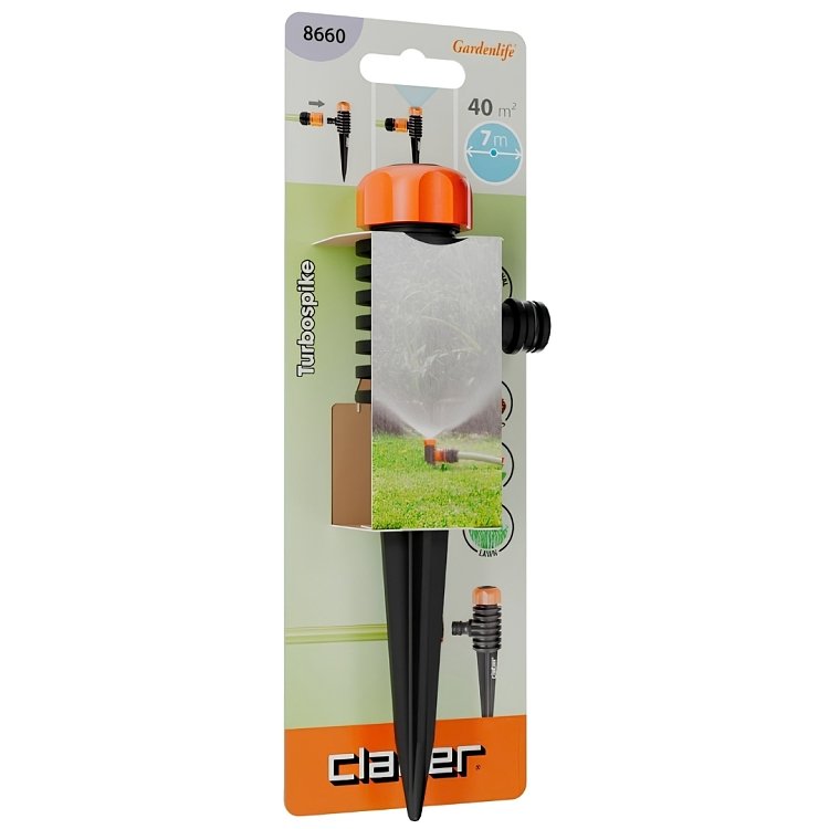 Συσκευασία Claber Turbospike 8660 – καρτέλα με ένδειξη 40 m² και διάμετρο 7 m