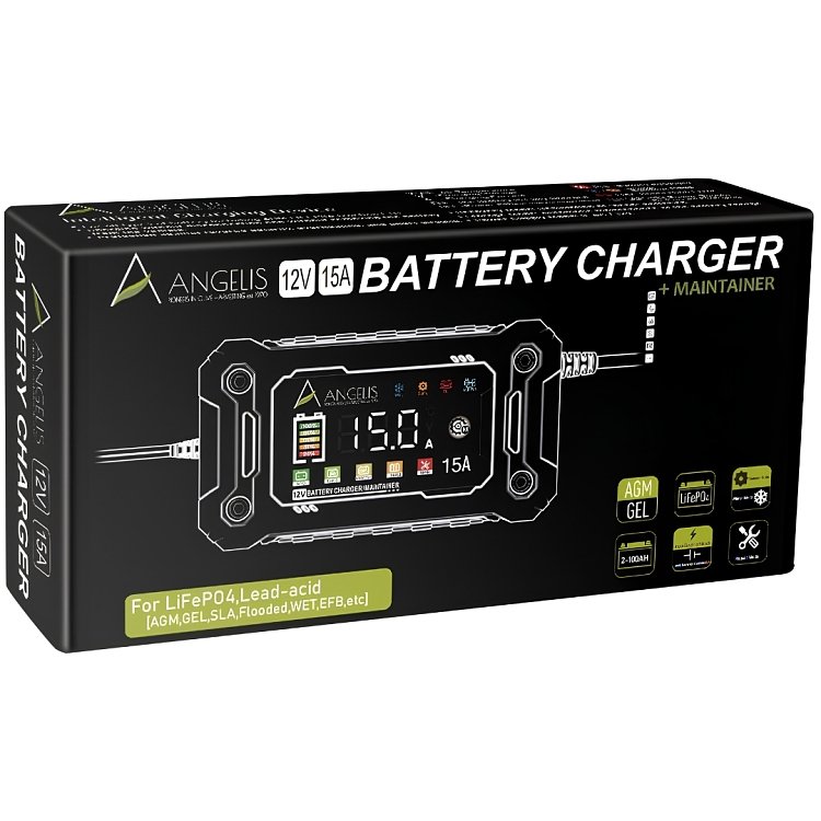 Συσκευασία Angelis 12V 15A Battery Charger + Maintainer για LiFePO4 και μπαταρίες μολύβδου 2–100 Ah