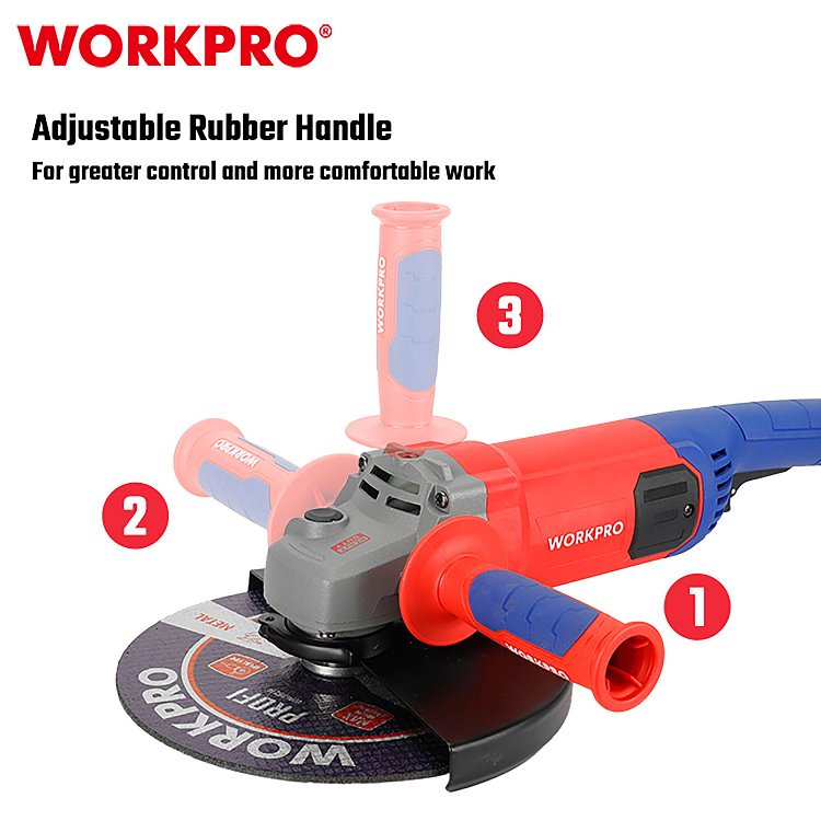 Γωνιακός Τροχός WORKPRO 2200W Φ230mm PROFI – Close-up λαβής Soft Grip και διακόπτη