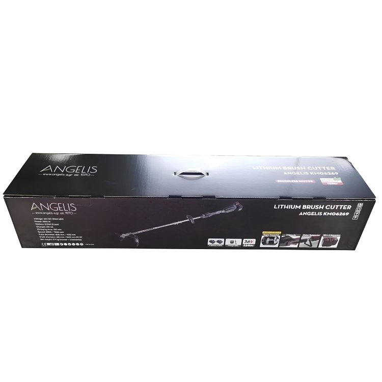 Συσκευασία θαμνοκοπτικού ANGELIS KM06269 Lithium Brush Cutter με τα τεχνικά στοιχεία στην πλαϊνή όψη