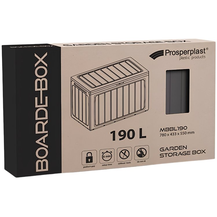 Χαρτοκιβώτιο συσκευασίας Prosperplast Boardebox MBBL190 190 L με διαστάσεις 780 × 433 × 550 mm και εικονίδια χρήσης