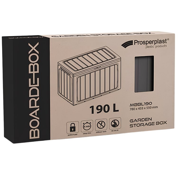 Χαρτοκιβώτιο συσκευασίας Prosperplast Boardebox MBBL190 190 L με διαστάσεις 780 × 433 × 550 mm και εικονίδια χρήσης