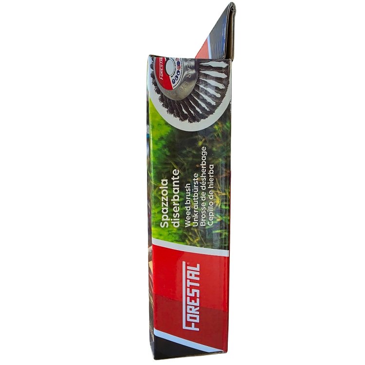 Πίσω πλευρά κουτιού Forestal R303444 με προειδοποιήσεις ασφαλείας, barcode και στοιχεία Sabart