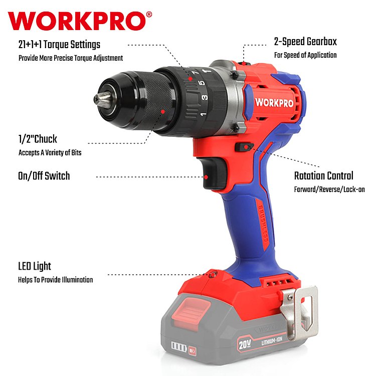 Επαναφορτιζόμενο δραπανοκατσάβιδο WORKPRO Brushless 20V SOLO