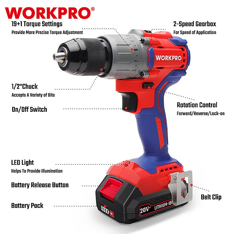 Επαναφορτιζόμενο δραπανοκατσάβιδο WORKPRO PROFI 20V Brushless