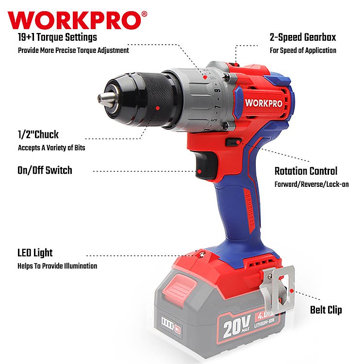 Επαναφορτιζόμενο δραπανοκατσάβιδο WORKPRO 20V Brushless PROFI