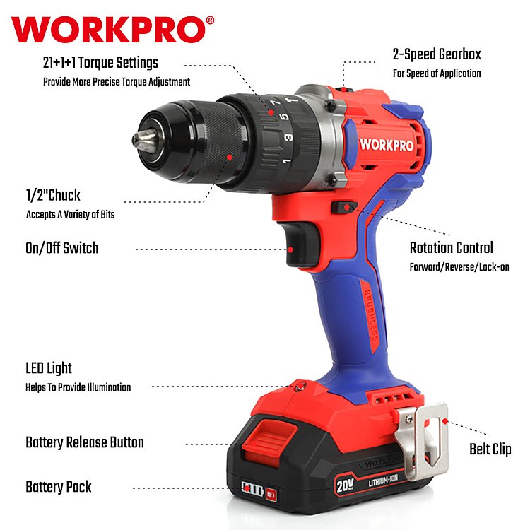 Επαναφορτιζόμενο δραπανοκατσάβιδο WORKPRO Brushless 20V-Li BL