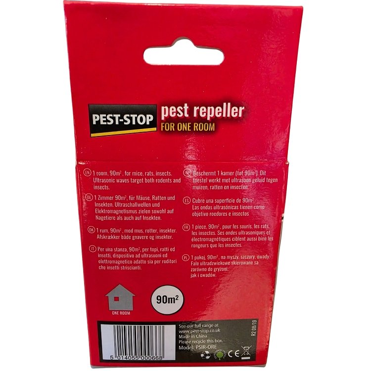 Pest-Stop Pest Repeller One Room – κουτί σε πλάγια όψη με εικονίδια στόχων ποντίκι, μυρμήγκι, κατσαρίδα, αρουραίος