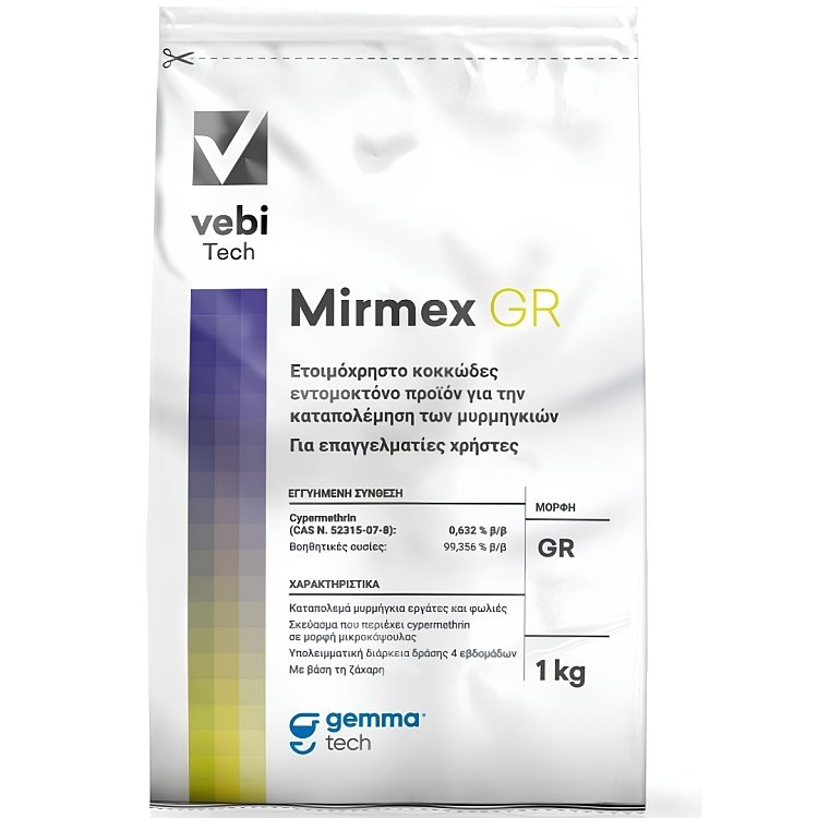 Πίσω όψη σάκου Vebi Mirmex GR 1 kg με ελληνική ετικέτα, οδηγίες χρήσης, φράσεις κινδύνου και έγκριση