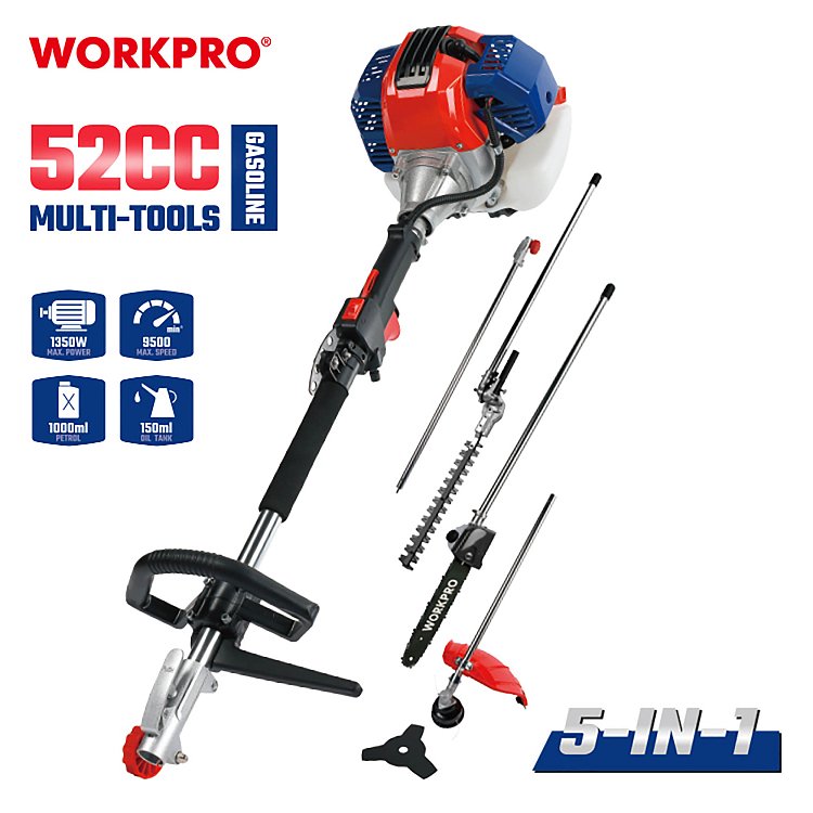 Πολυεργαλείο κήπου 4 σε 1 βενζινοκίνητο WORKPRO WP424008 PROFI 52cc με αλυσοπρίονο, δίσκο και μπορντουροψάλιδο