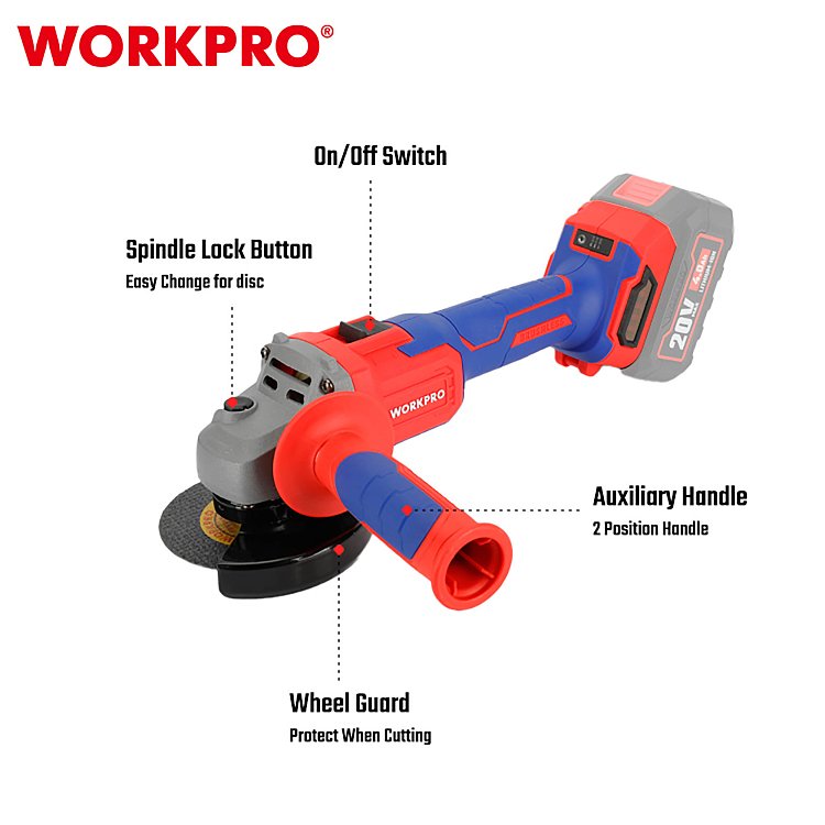 Επαναφορτιζόμενος γωνιακός τροχός WORKPRO PROFI 20V Brushless